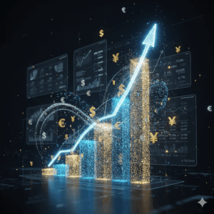 A stylized, upward-trending financial graph with abstract data points and currency symbols surrounding it, symbolizing the explosive growth and massive investment in the AI sector.