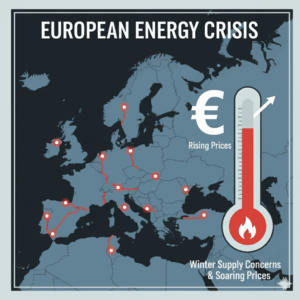 Stylized map of Europe with pipelines and rising thermometer, symbolizing the European energy crisis, reproduced at 1024x1024 pixels.