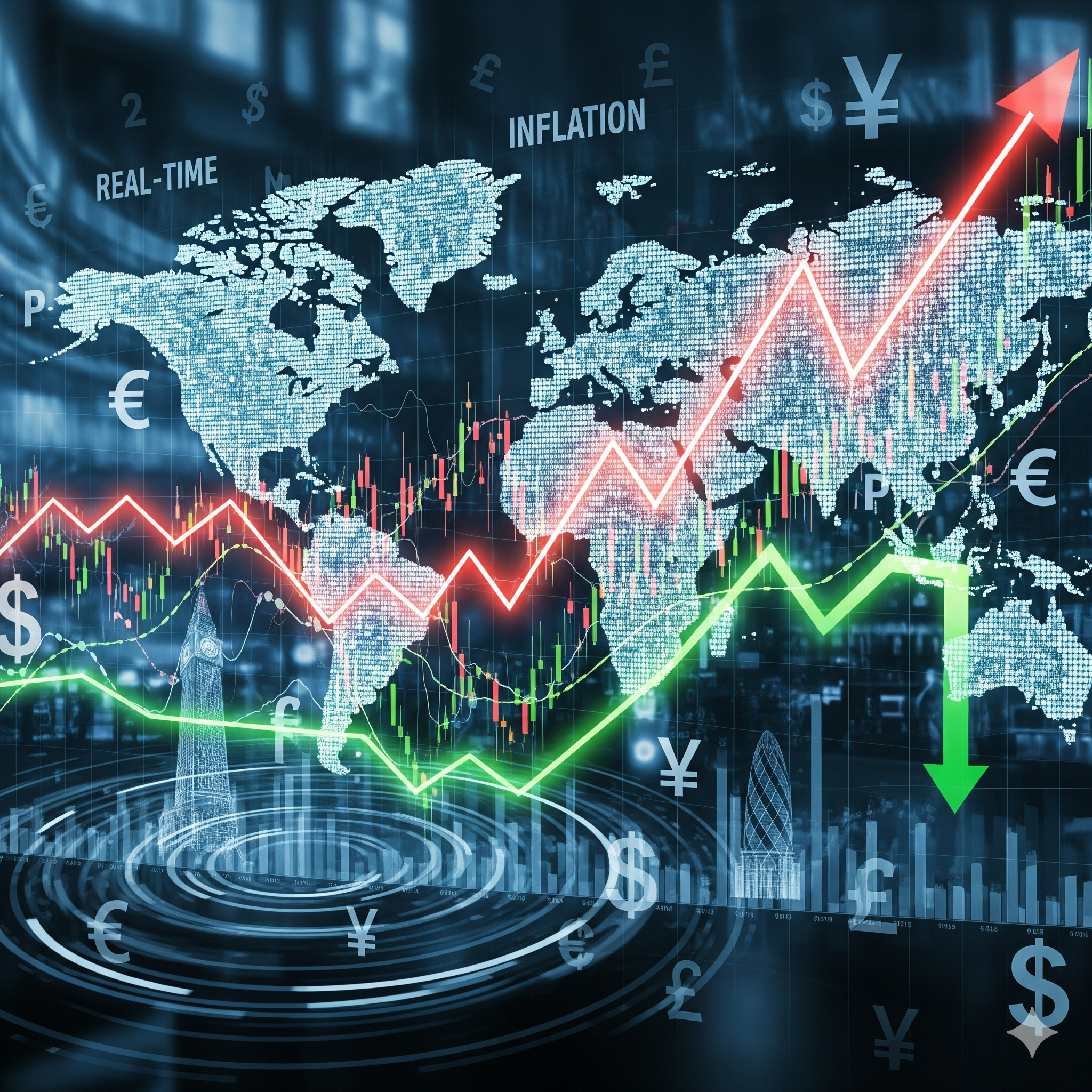 A dynamic graphic representing global financial markets with a world map, rising and falling graphs, and scattered currency symbols.