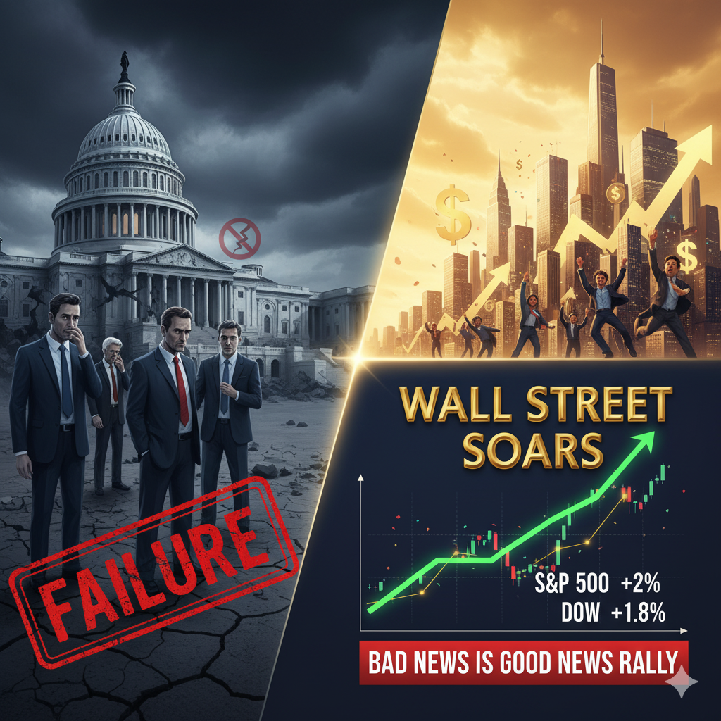 A split image contrasting a dark, failing US Capitol with politicians looking defeated, and a bright, soaring Wall Street cityscape with rising stock charts, celebrating business people, and the text "Bad News is Good News Rally."