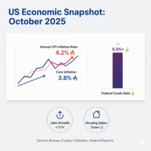 Infographic displaying China's economic outlook for October 2025, with tech sector revenue growth for Alibaba (+12%), Tencent (+10%), and JD.com (+15%), and a Manufacturing PMI of 50.4, up from 50.1. Icons indicate increased exports to ASEAN and supportive government policies.